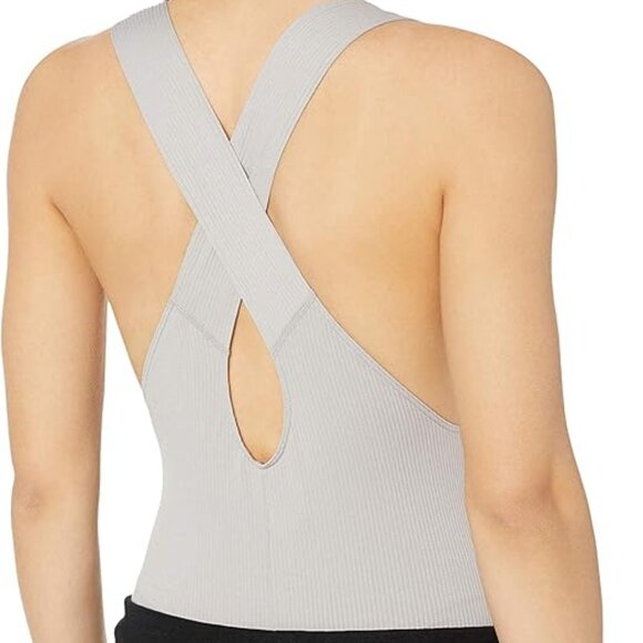 SPALDING OPAL GREY PLUNGE V-NECK SEAMLESS CROSS BACK CUT OUT BODYSUIT NWT - Picture 3 of 12